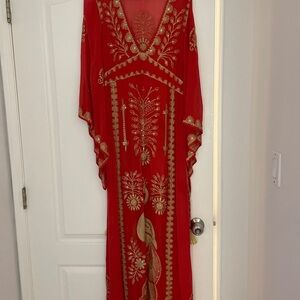 Red Gold sheer calypso kaftan. Tie waist.